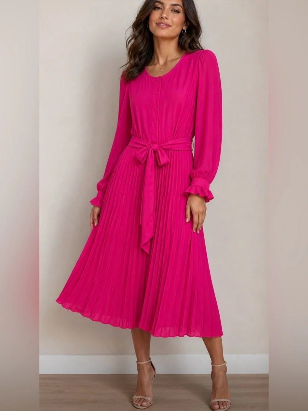 J Crew Tie Front Pleated Dress Pink Long Sleeve Button Front Style AK205 Size 2